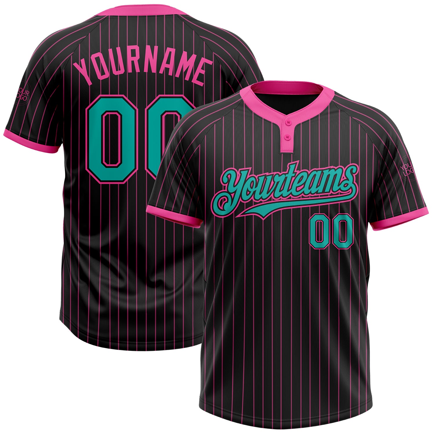 Personalized Aqua Black Pink Pinstripe Unisex Softball Jersey - Two-Button Design Personalized Black Pink Pinstripe Aqua
