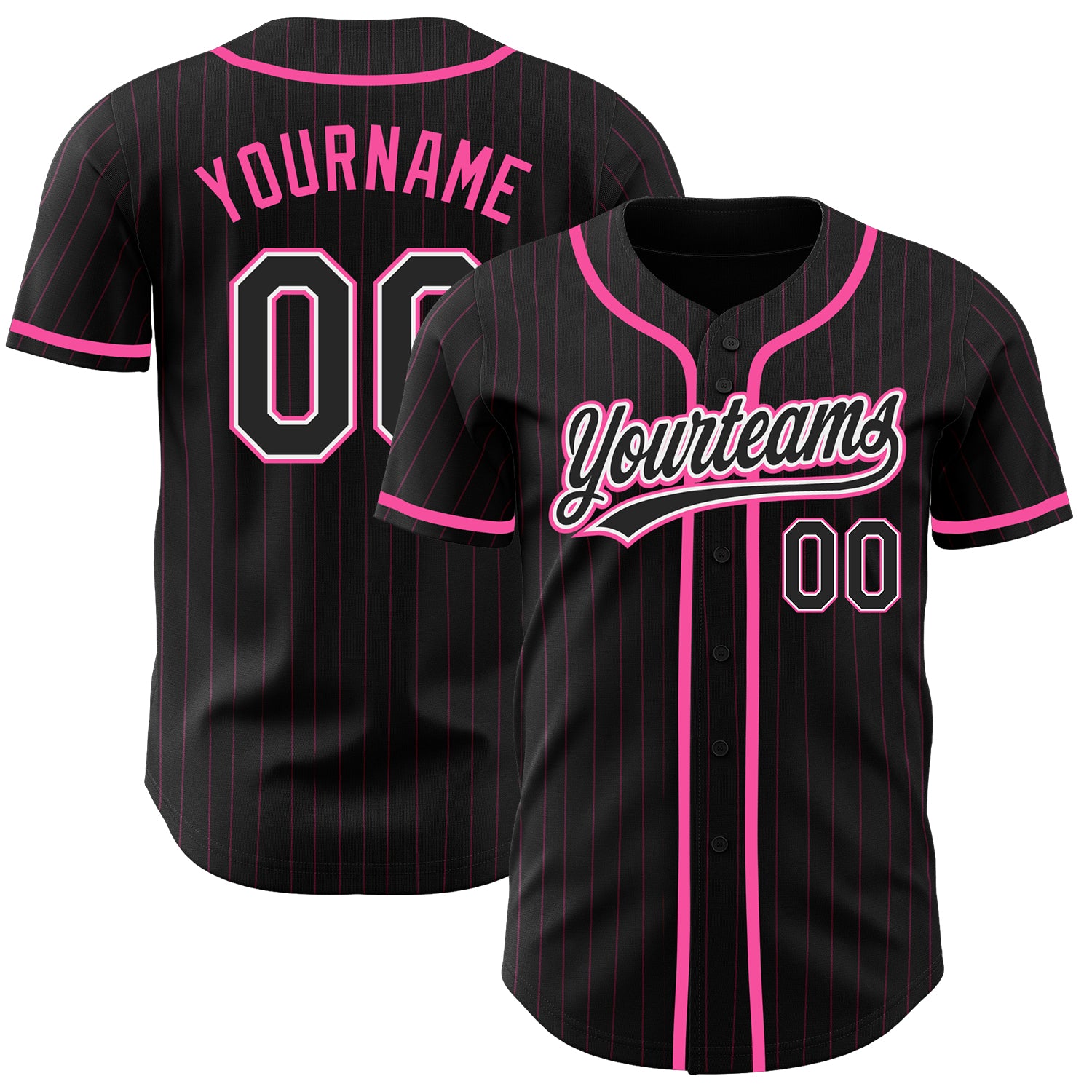 Personalized Black Pink Pinstripe Baseball Jersey - Black and White Team Apparel Personalized Black Pink Pinstripe Black-White