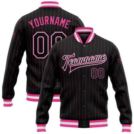 Personalized Black Pink Bomber Jacket Womens Varsity Black-White Full-Snap Pinstripe Letterman Jacket Personalized Black