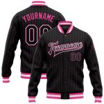 Custom Personalized Black Pink Pinstripe Varsity Letterman Jacket with Name and Number - Full-Snap Bomber Style Personalized