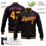 Personalized Pink Black Pinstripe Gold Varsity Jacket Full-Snap Bomber Letterman Personalized Black Pink Pinstripe Gold Bomber