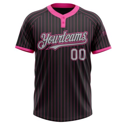 Personalized Black Pink Pinstripe Softball Jersey Unisex Gray Two-Button Design Personalized Black Pink Pinstripe Gray Two-Button