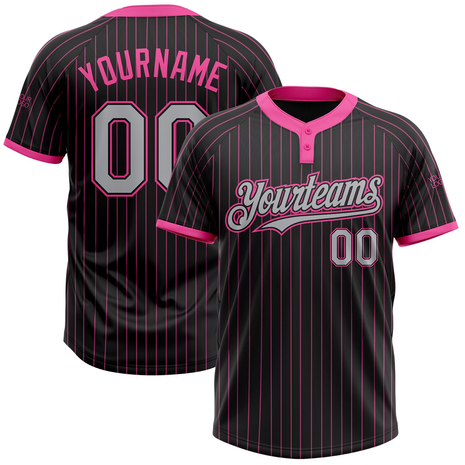 Personalized Black Pink Pinstripe Softball Jersey Unisex Gray Two-Button Design Personalized Black Pink Pinstripe Gray Two-Button