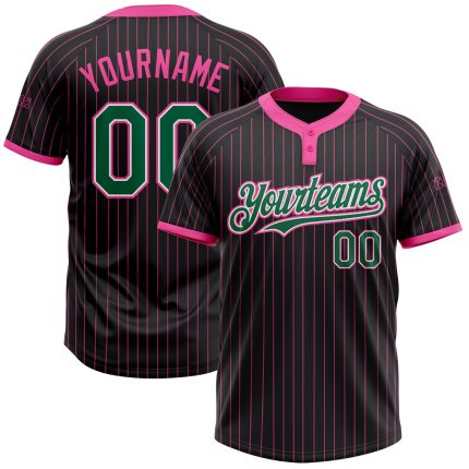 Personalized Unisex Softball Jersey - Black Pink Pinstripe Kelly Green White Two-Button Personalized Black Pink Pinstripe