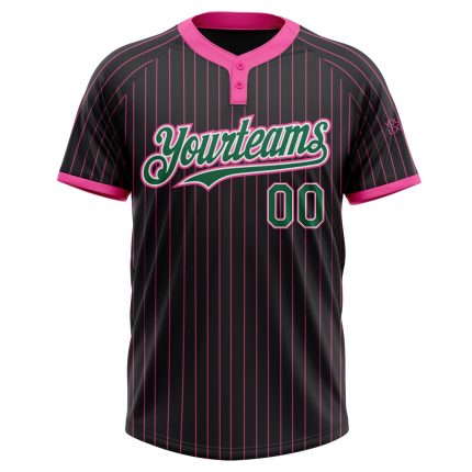 Custom Name Number Black Pink Pinstripe Unisex Softball Jersey - Personalized Green White Two-Button Design Personalized