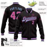 Personalized Black and Pink Pinstripe Bomber Jacket Light Blue Full-Snap Varsity Letterman Jacket Personalized Black Pink