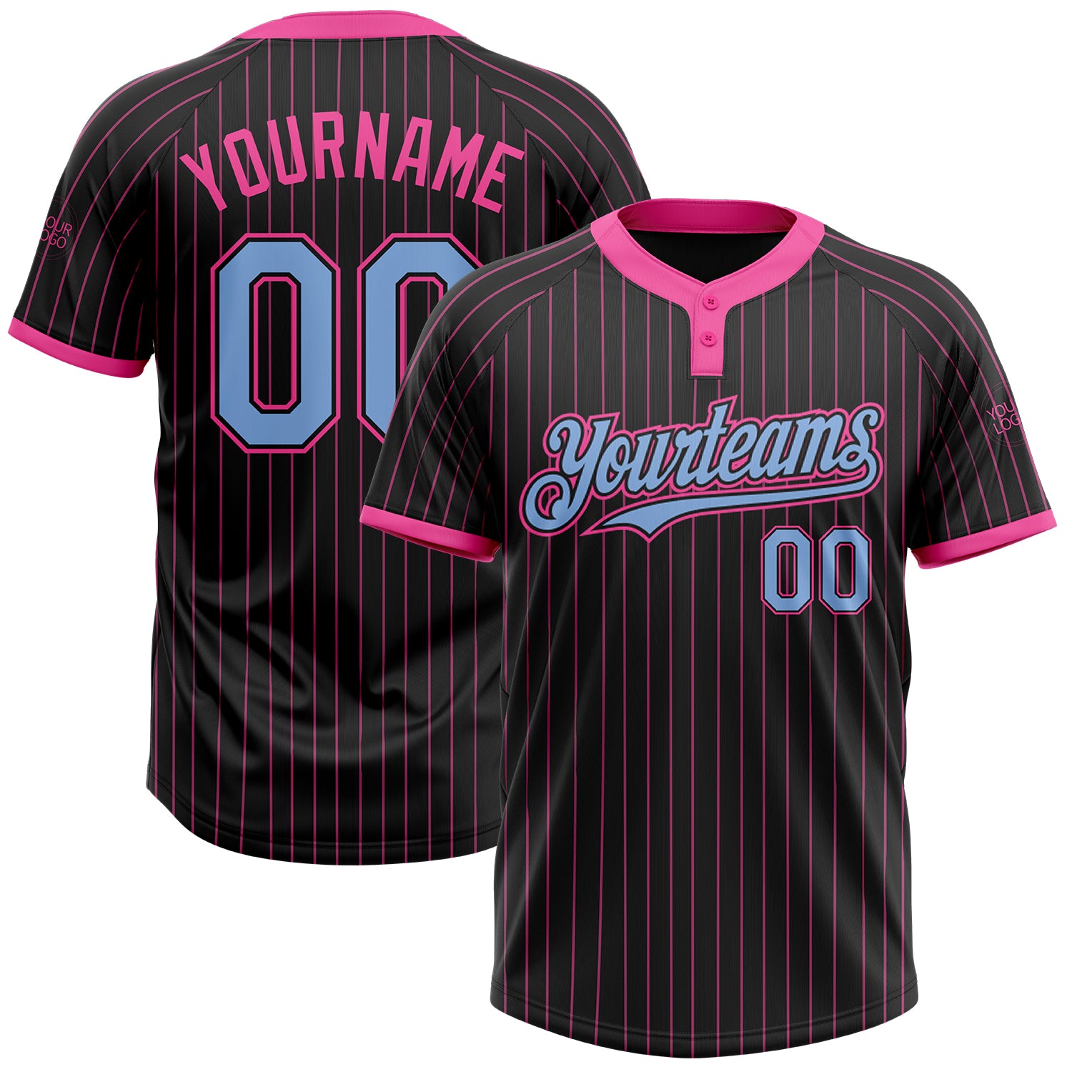 Personalized Light Blue Black Pink Pinstripe Unisex Softball Jersey - Custom Two-Button Design Personalized Black Pink Pinstripe