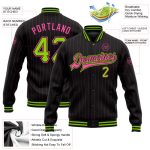 Custom Black Pink Neon Green Bomber Varsity Jacket with Personalized Team Name and Number - Full-Snap Pinstripe Design Personalized