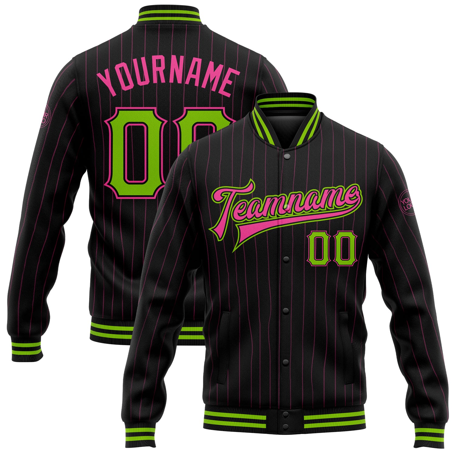 Custom Black Pink Neon Green Bomber Varsity Jacket with Personalized Team Name and Number - Full-Snap Pinstripe Design Personalized