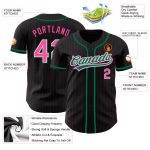 Custom Personalized Black Pinstripe Baseball Jersey with Pink-Kelly Green Details - Team Name & Number Personalized Black