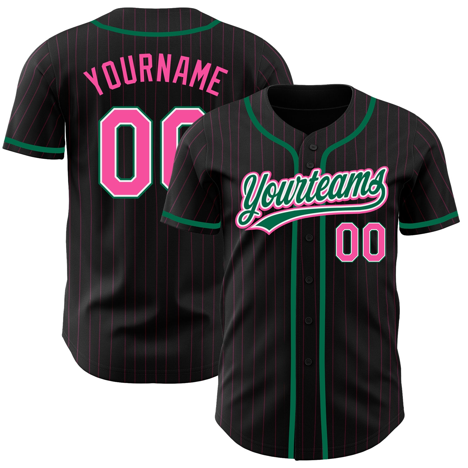 Custom Personalized Black Pinstripe Baseball Jersey with Pink-Kelly Green Details - Team Name & Number Personalized Black