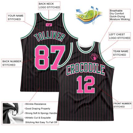 Personalized Black Pink Pinstripe Basketball Jersey - Pink and Kelly Green Personalized Black Pink Pinstripe Pink-Kelly Green