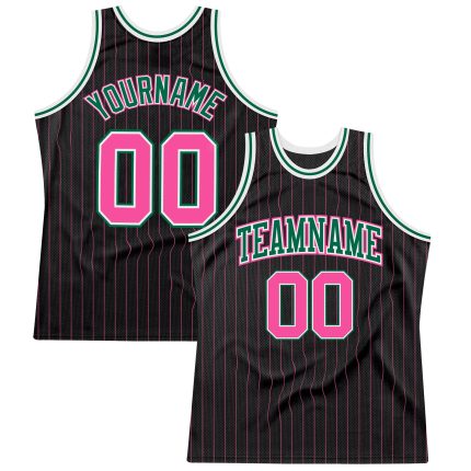Personalized Black Pink Pinstripe Basketball Jersey - Pink and Kelly Green Personalized Black Pink Pinstripe Pink-Kelly Green