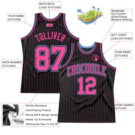 Custom Black Pink Pinstripe Basketball Jersey with Personalized Name & Number - Authentic Team Gear in Pink-Light Blue Personalized