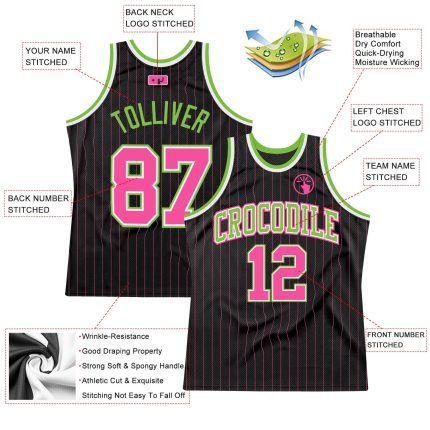 Personalized Pink Neon Green Black Pinstripe Basketball Jersey with Custom Name and Number - Authentic Team Gear Personalized