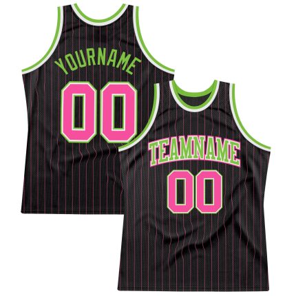 Personalized Pink Neon Green Black Pinstripe Basketball Jersey with Custom Name and Number - Authentic Team Gear Personalized