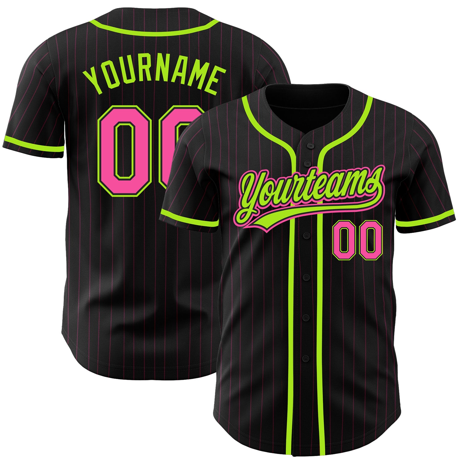 Personalized Black Pink Neon Green Pinstripe Baseball Jersey for Women Personalized Black Pink Pinstripe Pink-Neon Green