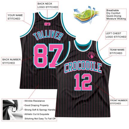 Personalized Pink-Teal Basketball Jersey, Black Pinstripe Design for Custom Sportswear Personalized Black Pink Pinstripe