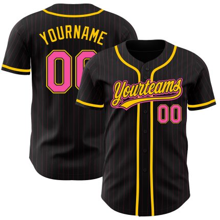 Personalized Black Pink Pinstripe Baseball Jersey in Pink and Yellow Personalized Black Pink Pinstripe Pink-Yellow Baseball