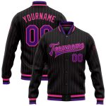 Custom Name and Number Personalized Black Pink Pinstripe Bomber Varsity Jacket Full-Snap Letterman Personalized Black Pink