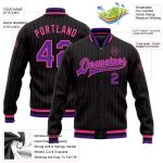 Personalized Black Pink Pinstripe Varsity Jacket Full-Snap Bomber Coat Personalized Black Pink Pinstripe Purple Bomber Full-Snap