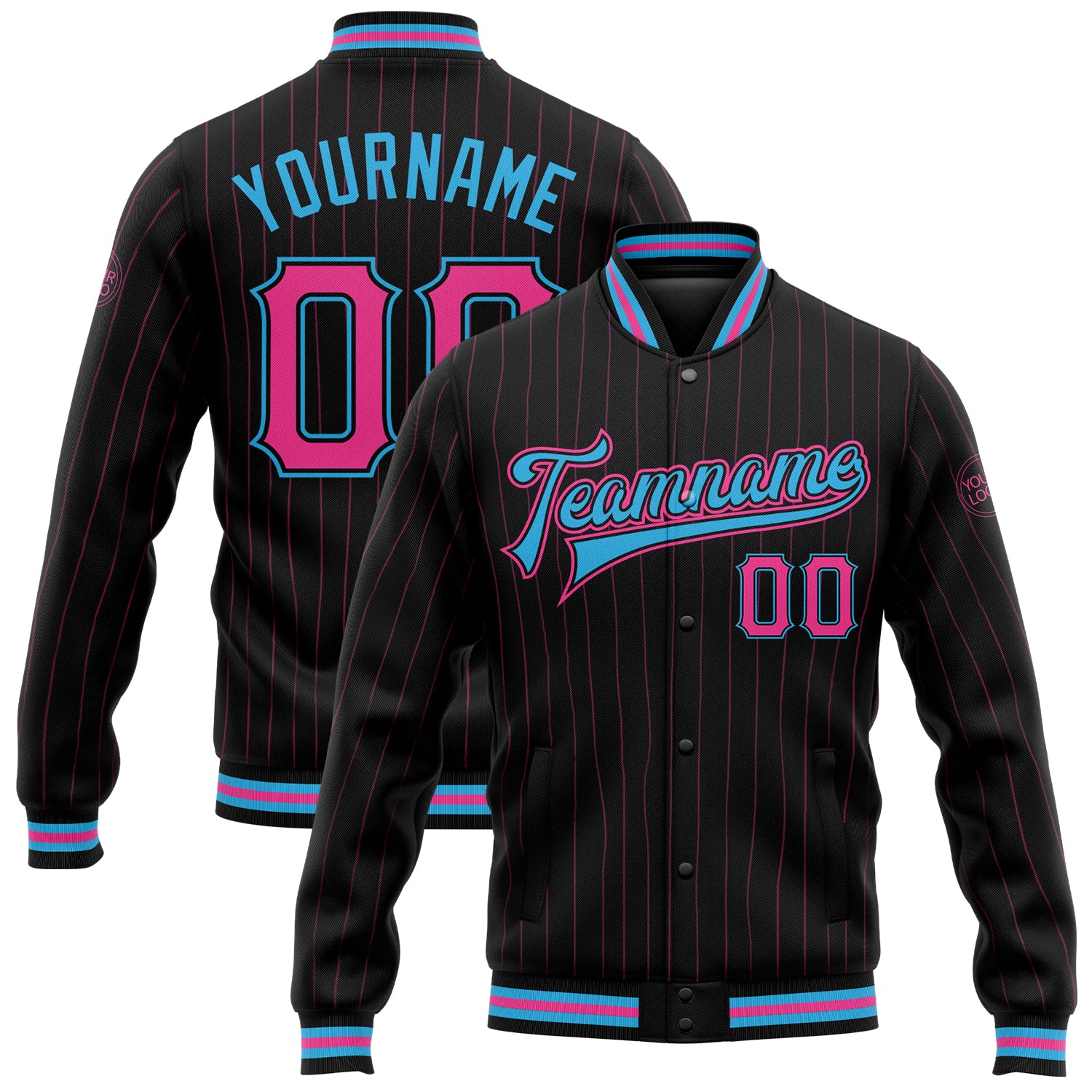 Custom Black Pink Pinstripe Sky Blue Varsity Bomber Jacket with Personalized Name and Number, Full-Snap Letterman Style Personalized
