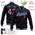 Custom Black Pink Pinstripe Sky Blue Varsity Bomber Jacket with Personalized Name and Number, Full-Snap Letterman Style Personalized