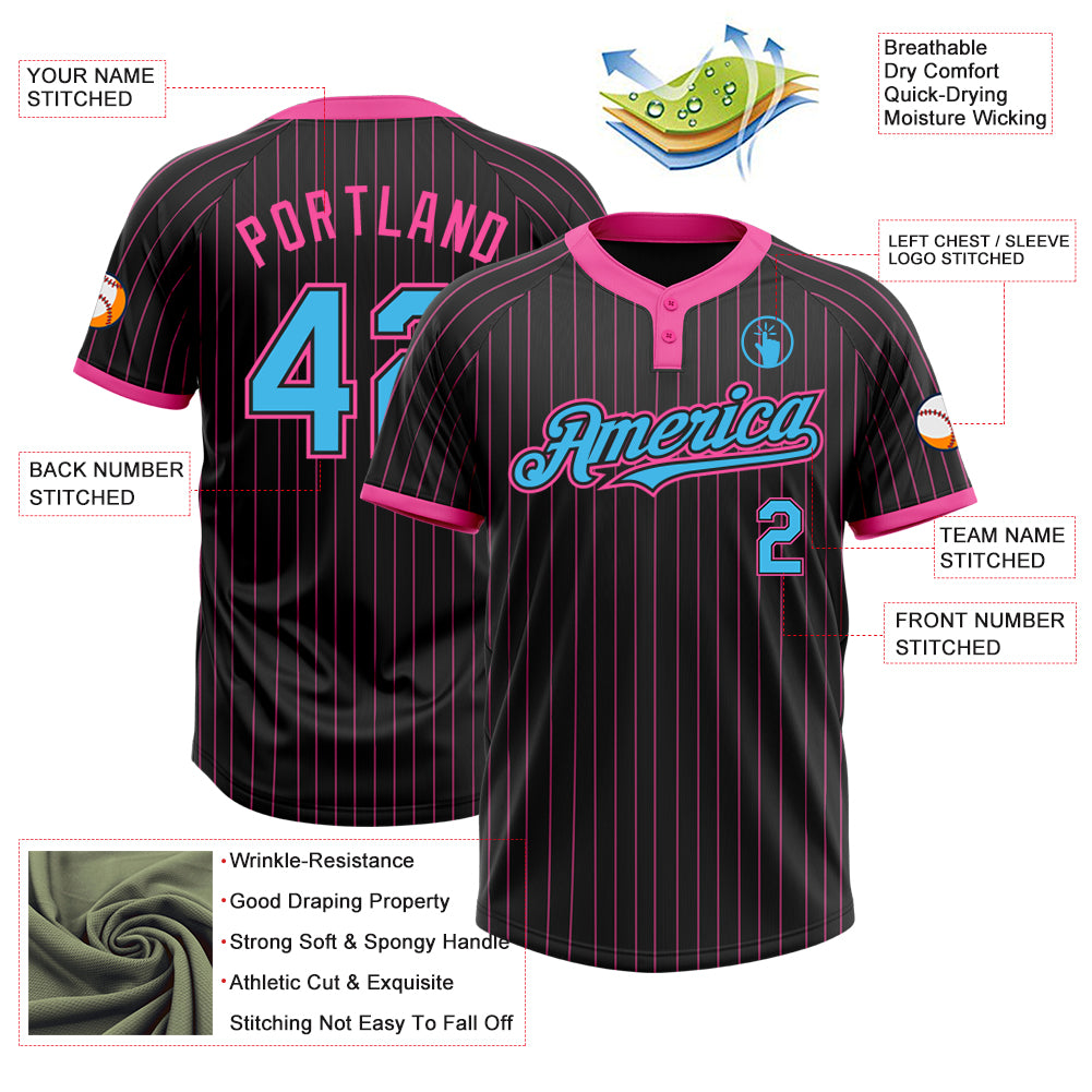 Personalized Black Pink Pinstripe Sky Blue Two-Button Unisex Softball Jersey Personalized Unisex Softball Jersey in Black Pink Pinstripe and Sky Blue, Two-Button Design Personalized Black Pink Pinstripe - Image 3