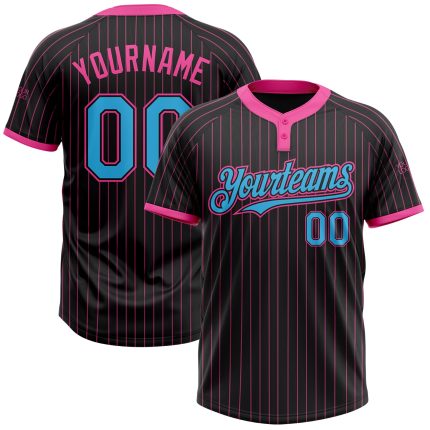 Custom Name and Number Personalized Unisex Softball Jersey Black Pink Pinstripe Sky Blue Two-Button Design Personalized Black