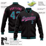 Personalized Teal Black Pink Pinstripe Varsity Letterman Bomber Jacket Full-Snap Personalized Black Pink Pinstripe Teal Bomber
