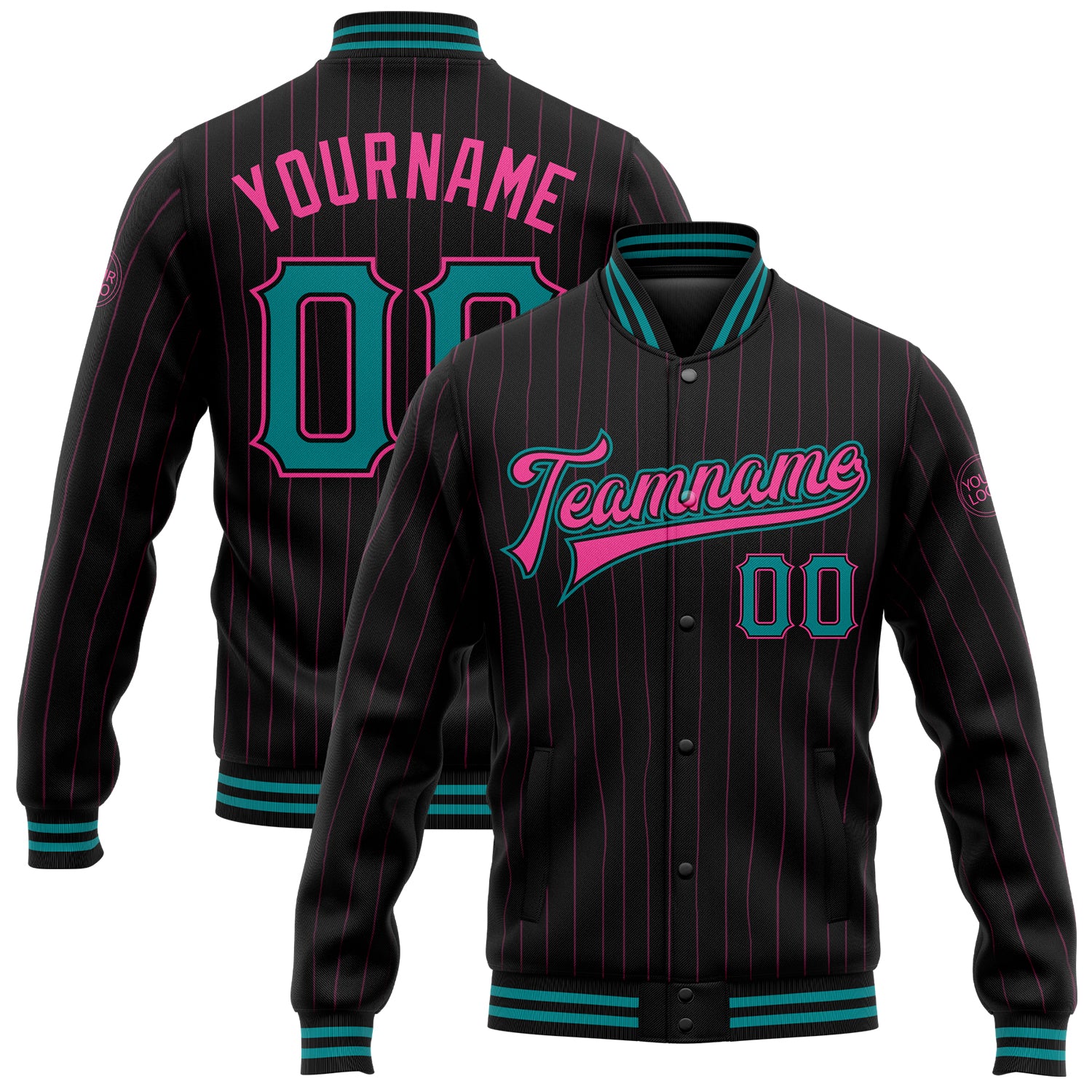 Personalized Custom Name and Number Teal Bomber Varsity Letterman Jacket Black Pink Pinstripe Full-Snap Design Personalized