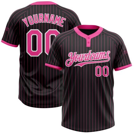 Personalized Two-Button Unisex Softball Jersey Black Pink Pinstripe Design Personalized Black Pink Pinstripe White Two-Button