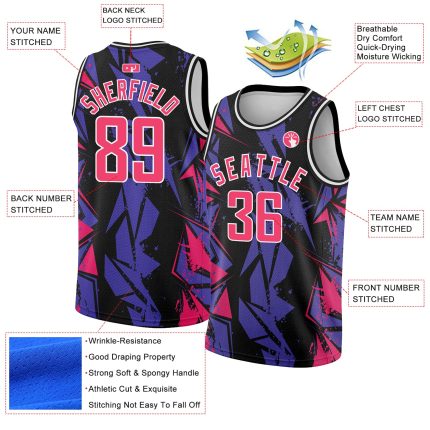 Custom 3D Geometric Shapes Basketball Jersey in Black Pink-Purple Personalized Black Pink-Purple 3D Geometric Shapes Basketball