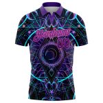 Personalized Psychedelic Magic Mushrooms Golf Polo Shirt - Black Pink-Purple Over Sacred Geometry Design Personalized Black