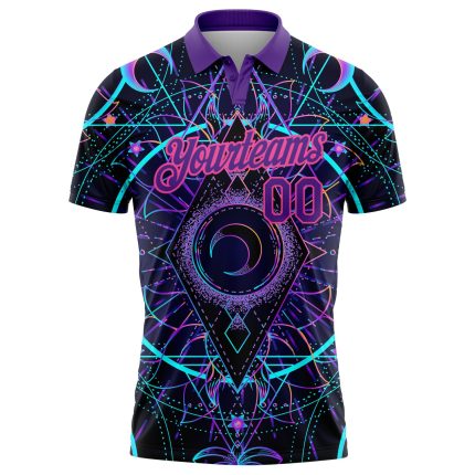 Personalized Psychedelic Magic Mushrooms Golf Polo Shirt - Black Pink-Purple Over Sacred Geometry Design Personalized Black