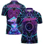 Personalized Psychedelic Magic Mushrooms Golf Polo Shirt - Black Pink-Purple Over Sacred Geometry Design Personalized Black