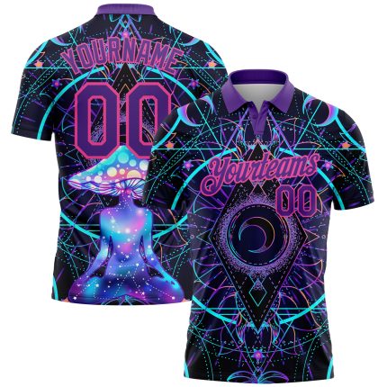 Personalized Psychedelic Magic Mushrooms Golf Polo Shirt - Black Pink-Purple Over Sacred Geometry Design Personalized Black