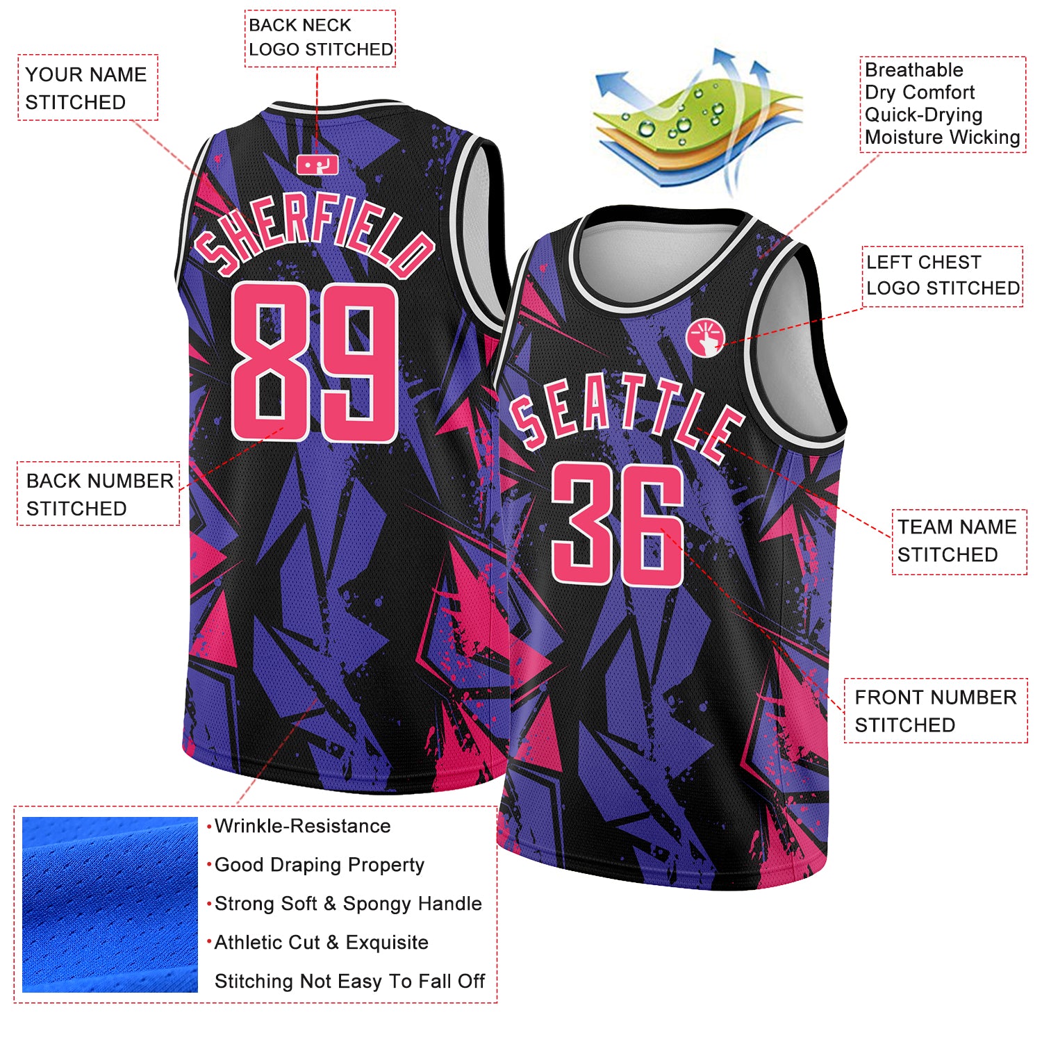 Personalized Black Pink-Purple 3D Pattern Design Geometric Shapes Authentic Basketball Jersey Team Custom Name and Number 9176 Custom Basketball Jersey with Personalized Name and Number - Black Pink-Purple 3D Geometric Pattern 9176 Personalized Black - Image 2