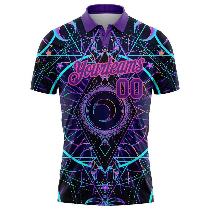Custom Name Number Golf Polo Shirt with Black Pink-Purple 3D Magic Mushrooms and Sacred Geometry Psychedelic Design Personalized