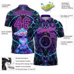 Custom Name Number Golf Polo Shirt with Black Pink-Purple 3D Magic Mushrooms and Sacred Geometry Psychedelic Design Personalized