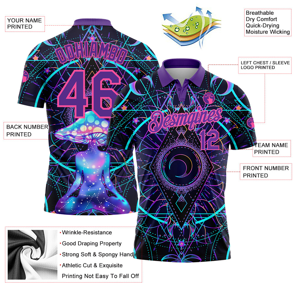 Personalized Black Pink-Purple 3D Pattern Design Magic Mushrooms Over Sacred Geometry Psychedelic Hallucination Performance Golf Polo Shirt Team Custom Name and Number Custom Name Number Golf Polo Shirt with Black Pink-Purple 3D Magic Mushrooms and Sacred Geometry Psychedelic Design Personalized - Image 3