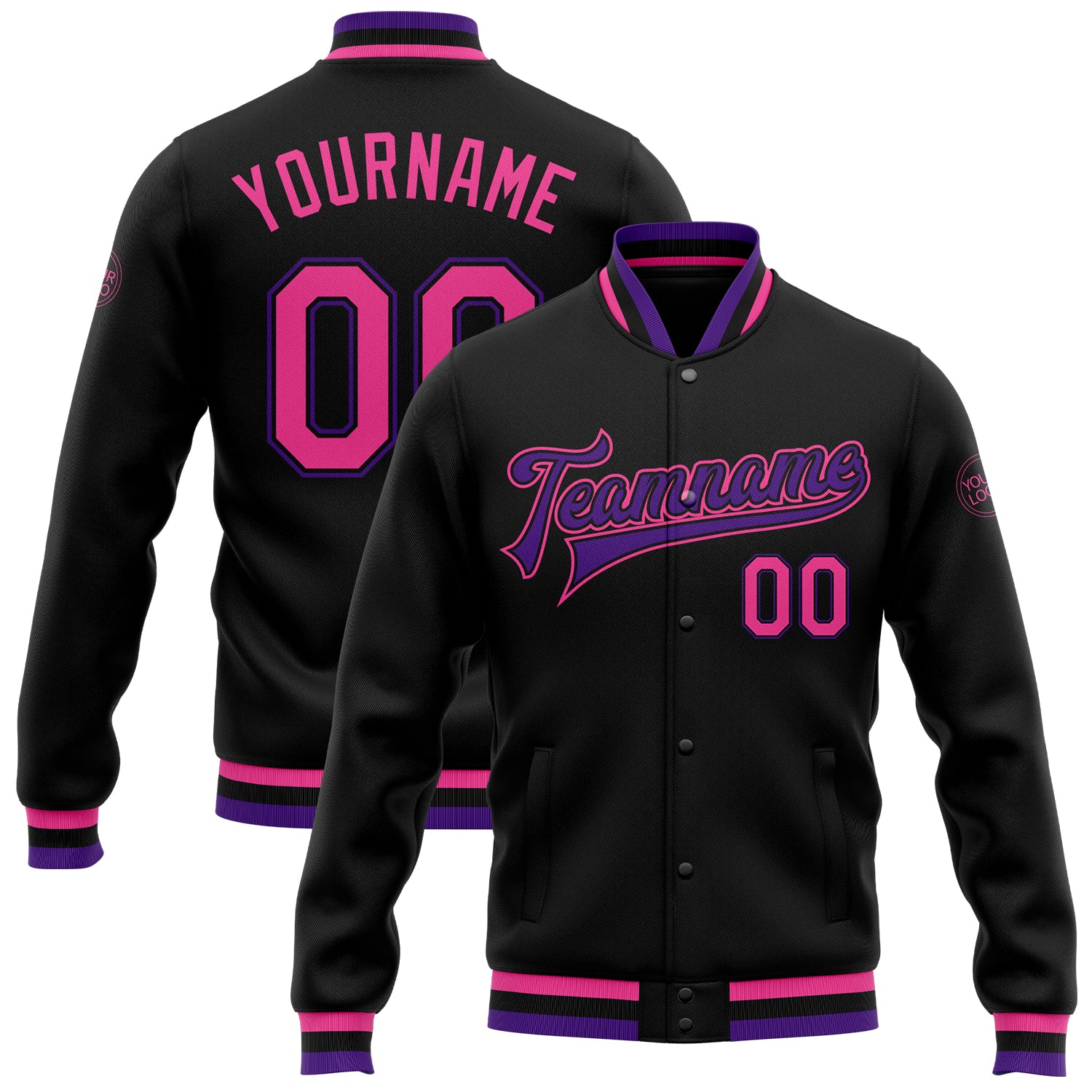 Custom Name and Number Varsity Letterman Jacket in Black Pink-Purple Bomber Style Personalized Black Pink-Purple Bomber Full-Snap
