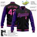 Personalized Bomber Jacket Black Pink Purple Two Tone Full-Snap Varsity Letterman Personalized Black Pink-Purple Bomber Full-Snap