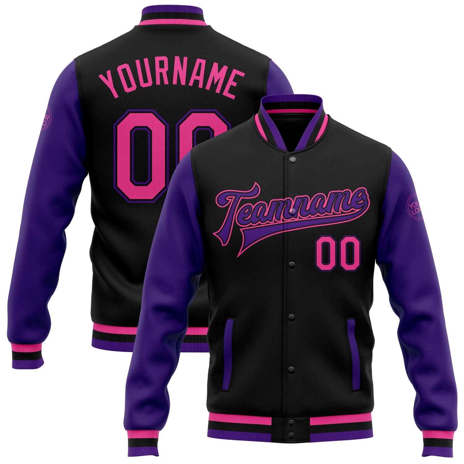 Personalized Bomber Jacket Black Pink Purple Two Tone Full-Snap Varsity Letterman Personalized Black Pink-Purple Bomber Full-Snap