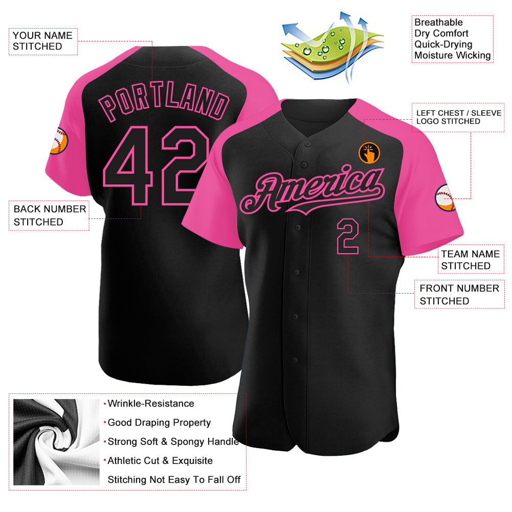 Personalized Black Pink Raglan Sleeves Baseball Jersey Personalized Black Pink Baseball Jersey with Raglan Sleeves - Custom Sportswear Personalized Black Pink Raglan Sleeves Baseball - Image 3
