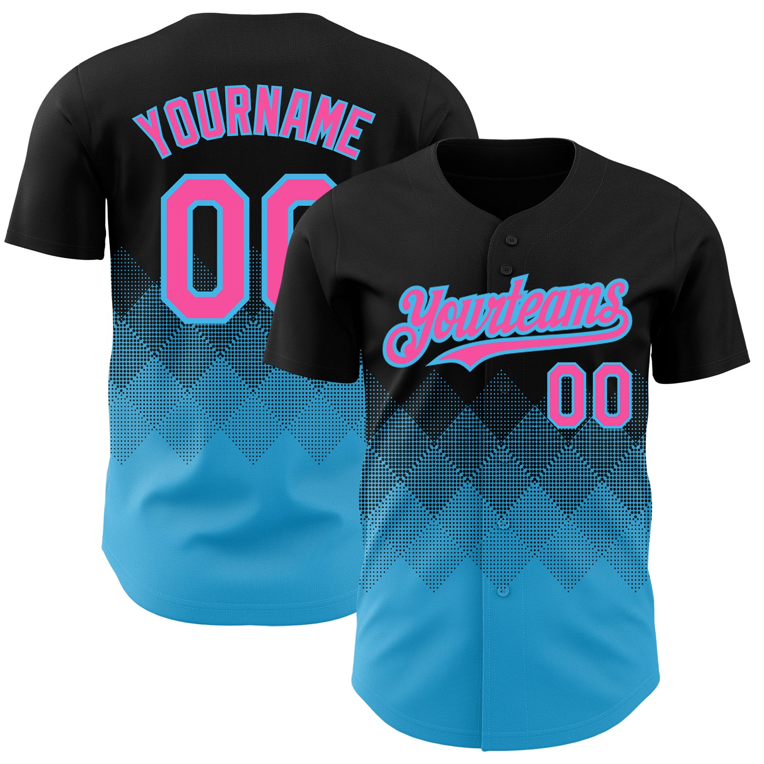 Personalized 3D Gradient Baseball Jersey in Black and Pink-Sky Blue Square Shapes Personalized Black Pink-Sky Blue 3D Gradient