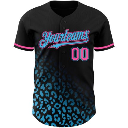 Personalized 3D Leopard Print Baseball Jersey - Black and Pink-Sky Blue Fade Personalized Black Pink-Sky Blue 3D Leopard