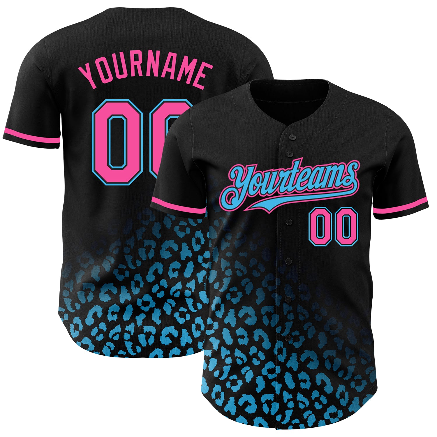 Personalized 3D Leopard Print Baseball Jersey - Black and Pink-Sky Blue Fade Personalized Black Pink-Sky Blue 3D Leopard