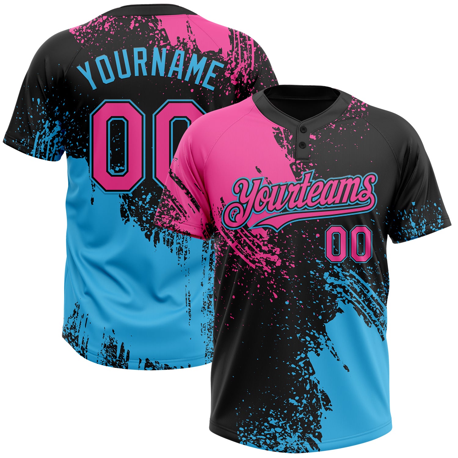 Custom Name and Number Unisex Softball Jersey in Black Pink-Sky Blue 3D Abstract Brush Stroke Pattern Personalized Black