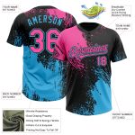 Custom Name and Number Unisex Softball Jersey in Black Pink-Sky Blue 3D Abstract Brush Stroke Pattern Personalized Black